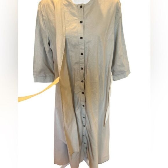 Anthropologie Mauve Brand Lagenlook Cotton Khaki Dress Button Front Tied Overlay - Picture 6 of 14